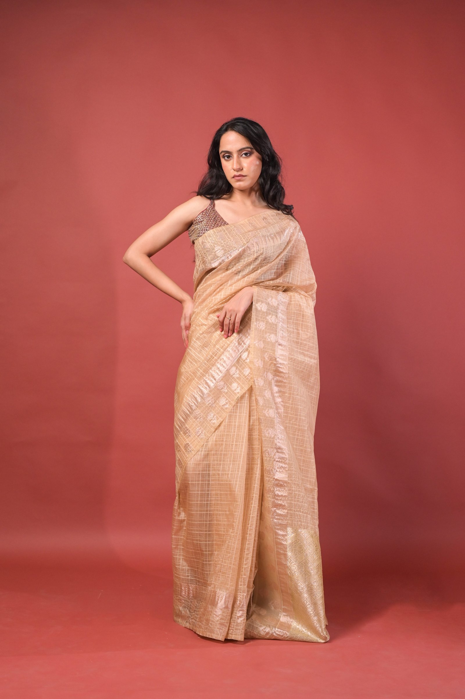 Elegant Check Pattern Sand Beige Banarasi Kora Saree with Blouse